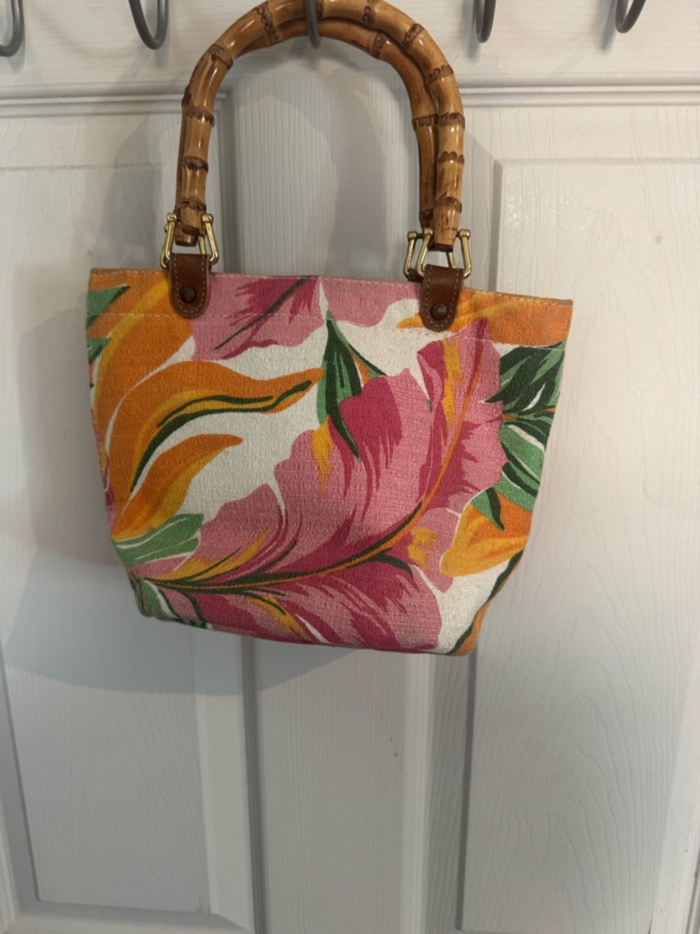Tropical Floral Canvas Tote with Bamboo Handles - Pink & Orange